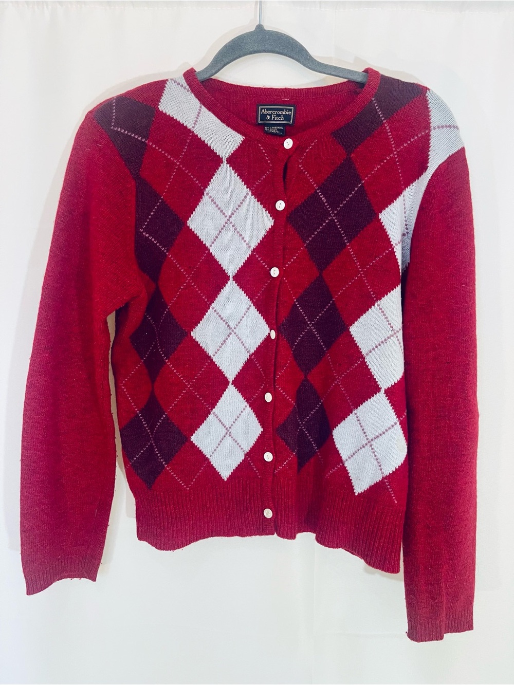 Abercrombie & Fitch Vintage  Red Argyle Lambswool Button-Up Sweater Size L